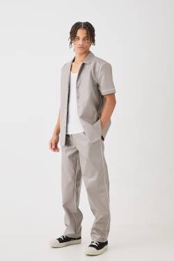 Mens Short Sleeve Revere Piped Pu Shirt & Trouser Set - Grau - L, Grau von boohooman