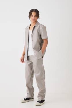 Mens Short Sleeve Revere Piped Pu Shirt & Trouser Set - Grau - M, Grau von boohooman