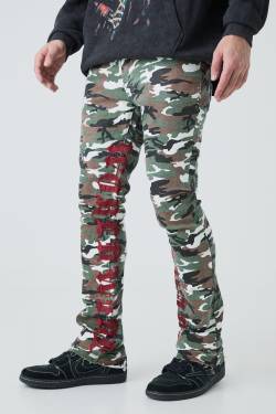 Mens Skinny Stretch Stacked Camo Embroidered Gusset Jeans - Khaki - 30R, Khaki von boohooman