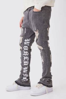 Mens Skinny Stretch Stacked Distressed Embroidered Gusset Jeans - Schwarz - 34R, Schwarz von boohooman