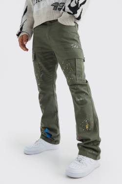 Mens Slim-Fit Cargo-Schlaghose mit Farbspritzern - Khaki - 30, Khaki von boohooman