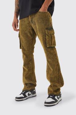 Mens Slim-Fit Cord-Cargohose mit Acid-Waschung - Khaki - 32R, Khaki von boohooman