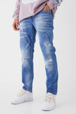 Mens Slim-Fit Jeans mit Farbdetail und Riss am Knie - Blau - 28R, Blau von boohooman