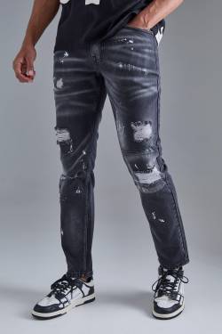 Mens Slim Rigid All Over Paint Detail Knee Ripped Jeans - Schwarz - 30R, Schwarz von boohooman