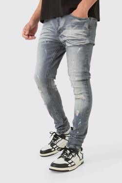 Mens Super Skinny Stretch Ripped Jean In Dirty Wash - Grau - 28R, Grau von boohooman