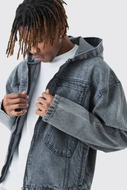 Mens Tall Denim Acid Wash Tape Detail Hoodie - Grau - XL, Grau von boohooman