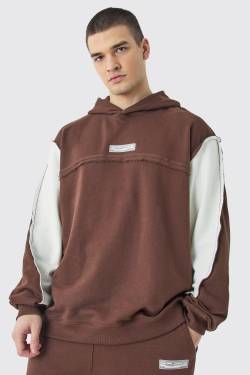 Mens Tall Oversized Loopback Raw Hem Panel Hoodie - Braun - XL, Braun von boohooman