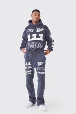 Mens Tall kastiger gerippter Oversize Trainingsanzug mit Print und Kapuze - Grau - L, Grau von boohooman