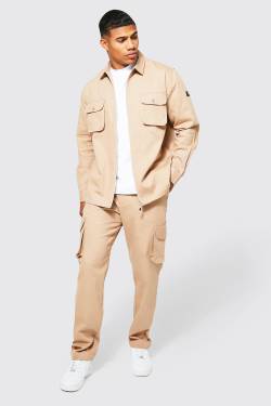 Mens Utility-Hemd mit Reißverschluss und Hose - Taupe - L, Taupe von boohooman