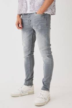 Mens Zerrissene Skinny Stretch Jeans mit Farbspritzern - Grau - 32R, Grau von boohooman