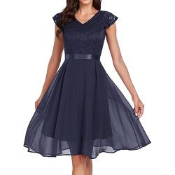 Abendkleider Elegant für Hochzeit, Damen Spitzen Abendkleid V Ausschnitt Kurzarm Einfarbig Cocktailkleid A-Line Chiffon Tüll Rüschen Knielang Tunika Kleid Spitzenkleid Brautjungfernkleider von boseucn