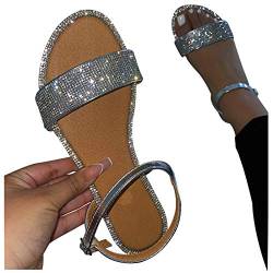 Damen Sandalen, Sandaletten Damen Flach Strass Glitzer Sandale Peep Toe Knöchelriemen Abendschuhe Atmungsaktive Outdoorschuhe Casual Elegant Sommer Strandschuhe Freizeitschuhe Frauen Schuhe von boseucn