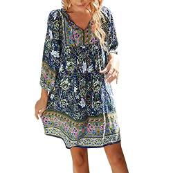 Sommerkleid Damen Boho Tunika Kleid Cover up Strandkleid 3/4 Ärmel Strandtunika V-Ausschnitt Blumenkleid Elegant A Linie Kurz Kleid Sommer Kleider Casual Lose Freizeitkleid T-Shirt Kleid von boseucn