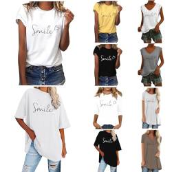 Tshirt Damen Smile Drucken, T Shirt Damen Kurzarm Basic Sommer Bluse Tops Sportshirt Weiß Oberteile Elegant Tunika Bluse Oversize Tshirts Casual Locker Teenager Mädchen Tops Streetwear von boseucn