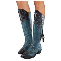 boseucn Damen Hohe Stiefel, Damen Stiefel mit Absatz Fransenstiefel Kniehohe Stiefeletten Flache Absätze Fransen Warm Cowboy-Stiefel Lange Schuhe Boots Winterschuhe Ankle Boots Winter von boseucn