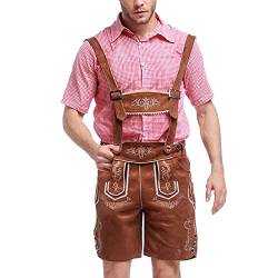 boseucn Oktoberfest Herren Outfit, Trachtenhemd Herren Lose Lederhose Tracht Latzhose Hemd 2 Teiliges Sport Set Outfit Kurzarm Hemd + Kurze Lederhose Bayerisches Oktoberfest Halloween Kostüm Set von boseucn