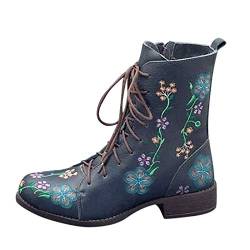 boseucn Stiefeletten Damen mit Absatz, Damen Cowboystiefel Niederung Rutschfeste Stiefel Retro Schnürung Stiefeletten Blume Stickereien Halbhohe Langschaft Winterstiefel Casual Herbst Winter von boseucn