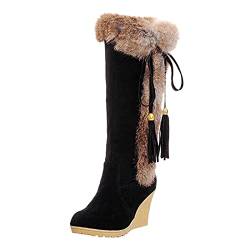 boseucn Stiefeletten Damen mit Absatz, Damen Stiefeletten mit Absatz Keilabsatz Rutschfeste Stiefel Wildleder Quasten Langschaft Fleece Warm Gefütterte Winterstiefel Casual Herbst Winter Frauen von boseucn