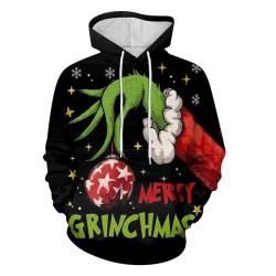 boseucn Weihnachten Kapuzenpullover Damen Grinch Grün Kordelzug Hoodie Ugly 3D Lustig Drucken Langarm Pullover Sweatshirt mit Kapuze Winter Oversize Tops Festlich Kapuzenpulli Streetwear Sweatjacke von boseucn