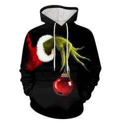 boseucn Weihnachten Kapuzenpullover Damen Grinch Grün Kordelzug Hoodie Ugly 3D Lustig Drucken Langarm Pullover Sweatshirt mit Kapuze Winter Oversize Tops Festlich Kapuzenpulli Streetwear Sweatjacke von boseucn