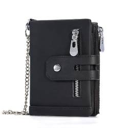 boshiho Herren-Geldbörse mit Kette, RFID-blockierend, echtes Leder, Doppelreißverschluss, Bifold-Geldbörse mit Münzfach und 2 Anti-Diebstahl-Ketten, 003-black, 4.5*3.5*0.79inch, Geldbörse mit Kette von boshiho