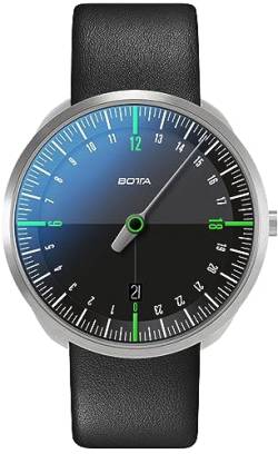 botta 24-Stunden-Einzeigeruhr Herren Schweizer Quarzwerk mit Lederarmband UNO 24 (40 mm, Schwarz/Grün) von botta