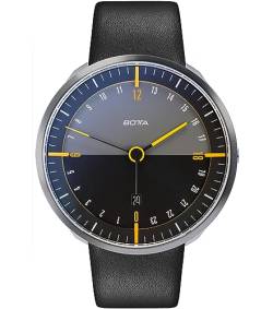 botta Herren-24H-Stunden-Uhr Schweizer Quarzwerk mit Lederarmband TRES 24 (45 mm, Schwarz/Gelb) von botta