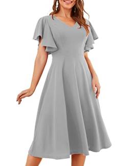 bridesmay Midi Cocktailkleider für Damen Sexy V-Ausschnitt 50s Retro Petticoat Faltenrock Festlich Elegant Abendkleider Mit ärmel Ballkleid 2022 Sommer Kleider Grey M von bridesmay