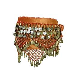 budiniao Bauchtanz Taillenkette zum Aufhängen, dreireihig, Pailletten, Münze, Hüfttuch, modische Kostüme, Requisiten, Kleidung für indische Frauen, Orange von budiniao