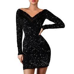 Abendkleid Damen Langarm, Damen Minikleid Sexy V-Ausschnitt Retro Elegante Party Club Shortkleid Netz Kleider Langarm A Linie Cocktailkleid Festlich Partykleid von callmo