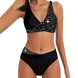 Bikini Damen Set Push Up Bauchweg, Zweiteiliger Badeanzüge Figurformend Bademode Sexy Farbblockdruck Swimsuit Frauen Strandmode Bauchkontrolle Swimmwear Einfarbig Crossover High Waist Bikini-Set von callmo