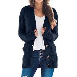 Cardigan Damen GrüN, Damen Strickjacke lang Zopfmuster Oversized Grobstrick Winter Cardigan mit Knöpfe V-Ausschnitt Strickmantel Casual Top Loose Tunika mit Tasche von callmo