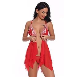 Damen Dessous Spitze Negligee V-Ausschnitt Unterwäsche Rüschen Halter Babydoll Neckholder Semi-Transparente Lingerie Vorne Offene Babydoll Set Nachtwäsche Sexy mit Panties von callmo