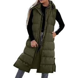 Daunenweste Damen Lang Mit Kapuze, Daunenweste Damen Lang Wintermantel Vest mit Kapuze Leichte Gesteppte Weste Maxi Mantel Ärmellose Jacke Daunenmantel mit Taschen Steppweste Daunenjacke Steppjacke von callmo