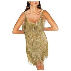 Gatsby Kleid,Pailletten Kleid Damen Sexy Perlen Fransen Performance Kostümsets Neckholder Weste + Minirock Club Anzug Rave Party Dance Funkelnde Festivalkleidung Boho Hüftschal Quasten Bauch Latein G von callmo