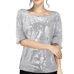 Glitzer Oberteile Damen Party Pailletten Langarm Glitzer Festlich T-Shirt Pailletten Silber Tunika Elegant Langarm Wedding Spitze Langarmshirt Bluse Glitzertop Damenbluse von callmo