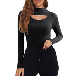 Langarmshirt Damen Damen Mesh Langarmshirt Oberteil Rollkragenpullover Elegant Shirt Oberteile Durchsichtiges Netz Langarm T-Shirt, S, Schwarz Damen Rundhals Pullover Fledermausärmel Farbblock Obertei von callmo