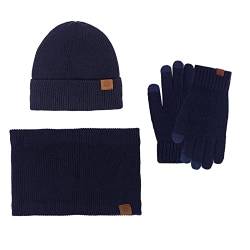 Mutze Schal Set Damen Blau, Schal Touchscreen Handschuhe Set wärmerer Hals dicker Strickmütze Set Winter Strickmütze, Nackenwärmer Handschuhe Mütze Schals Touchscreen Fäustlinge für Männer und Frauen von callmo