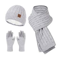 Mutze Schal Set Damen Grau, Warm Strickschal Beanie Mütze und Handschuhe Set Herren & Damen Soft Stretch Mütze Schal und Handschuh Set von callmo