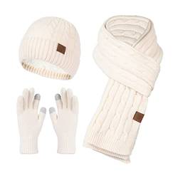 Mutze Schal Set Damen Grau, Winter Warm Niedliche Wollmütze Schal Handschuhe Slouchy Dreiteilige Winter Schnee Strickmütze Bildschirm Fäustlinge Schals Sets Schal Handschuhe Jungen von callmo