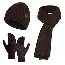 Mutze Schal Set Damen GrüN, Winter Beanie Hut, Schal, Touchscreen Handschuhe 3 in 1 Warmes Zubehör Kit, Weiches Fleece Innenfutter Tolles Warm, Stretchy Strick Beanie Cap, Elastischer Nackenwärmer von callmo