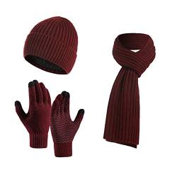 Mutze Schal Set Damen Rosa, Mütze Schal und Touchscreen Handschuhe Set Wintermütze Thermohandschuhe Schal für Herren Strickmütze 3 STÜCKE Unisex Hüte für Damen Winter Accessoires für Herren Damen von callmo