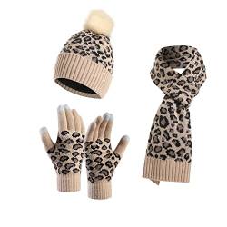 Mutze Schal Set Damen Rot, Damen Winter Warm Beanie Mütze Touchscreen Handschuhe und Lange Schal Set mit Fleecefutter Wintermütze Winterschal Winterhandschuhe von callmo