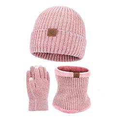 Mutze Schal Set Damen Rot, Strickmütze Wintermütze Schal Set Beanie Gestrickt Fleece Bommel Touchscreen Handschuhe Set Winterschal Kombi Set Loop Grobstrick Schal Damen Geschenk Winterzubehör von callmo