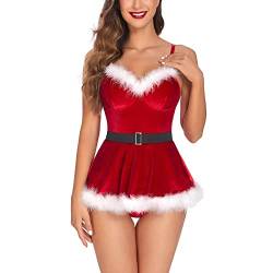 Weihnachten Dessous Sexy Set Push Up Sexy Erotik Lingerie Reizwäsche Nachtwäsche Frauen Sexy Weihnachten Nachthemd Festival Red Hollow Dessous Einteiliger Rock und Tanga Set Nachthemd Unterwäsche Set von callmo