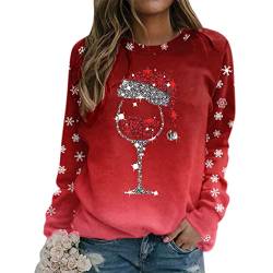 Weihnachtspullover Damen Sweatshirt Rundhals Langarm Rentier Weinglas Weihnachtsmann Druck Langarmshirt Teenager Mädchen Christmas Sweatshirt Weihnachtspulli Oberteile Tops Pullover Shirt Frauen von callmo