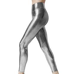Yogahose Damen High Waist Damen Metallic Leggings glänzende Hose mit hoher Taille Shiny Leggings im Wet Look für Party Disco Kostüm Karneval von callmo