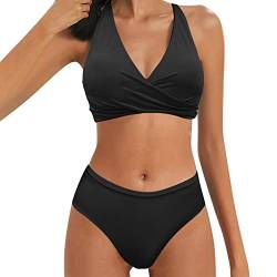 callmo Bikini High Waist Damen,Damen Dunkle Farbe Geteilter Badeanzug Push Up Bikini Set Neckholder Bikini Oberteil Mit High Waist Bikini Bottom Damen Badeanzug Sport Zweiteiliger Badeanzug von callmo