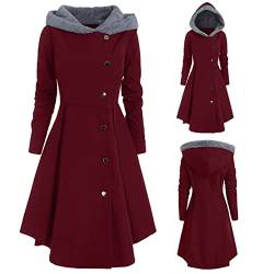 callmo Damen-Jacken Winterjacke Gothic Mittellange Hoodie Kleid Herbst Winter Wollmantel mit Kapuze Lange Knöpfen Wintermantel Retro Asymmetrisch Saum Mantel Party Kleid Vintage Kapuzenmantel von callmo