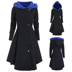 callmo Damenjacken Winter Lang Gothic Mittellange Hoodie Kleid Herbst Winter Wollmantel mit Kapuze Lange Knöpfen Wintermantel Retro Asymmetrisch Saum Mantel Party Kleid Vintage Kapuzenmantel von callmo